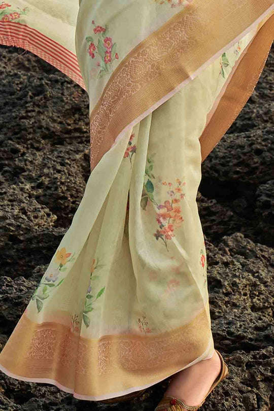 Soft Green Cotton Linen Blend Saree