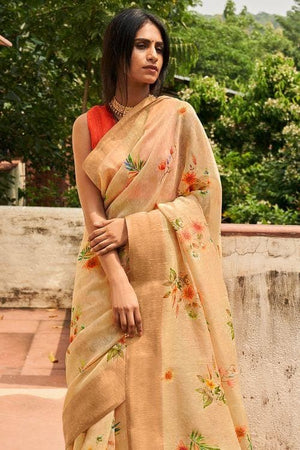 Tan Beige Cotton Linen Blend Saree