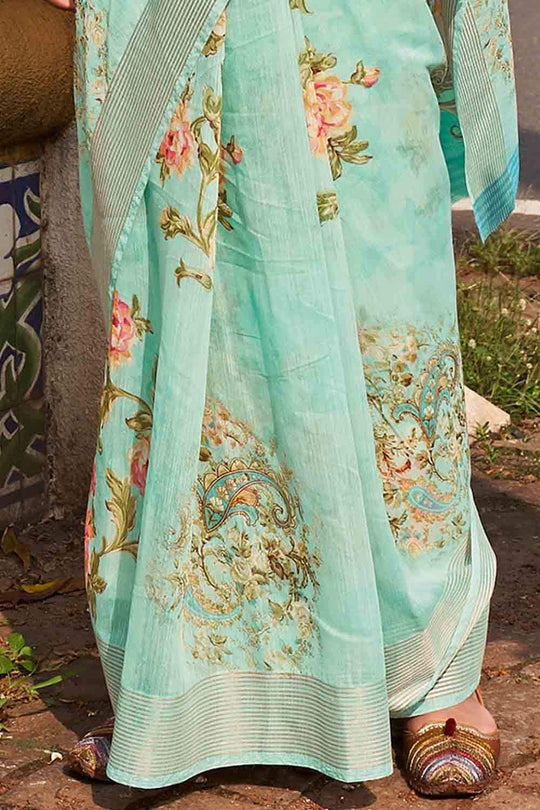 Tiffany Blue Cotton Linen Blend Saree