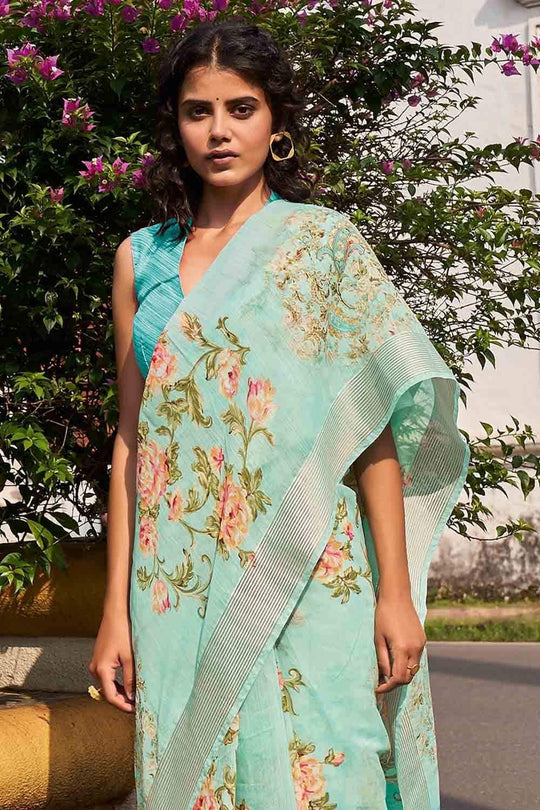 Tiffany Blue Cotton Linen Blend Saree