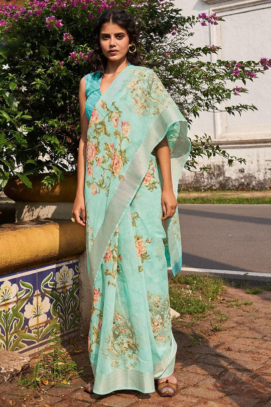 Tiffany Blue Cotton Linen Blend Saree