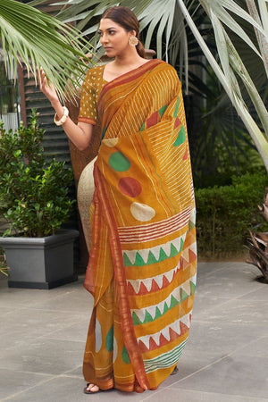 Tuscany Yellow Cotton Linen Blend Saree