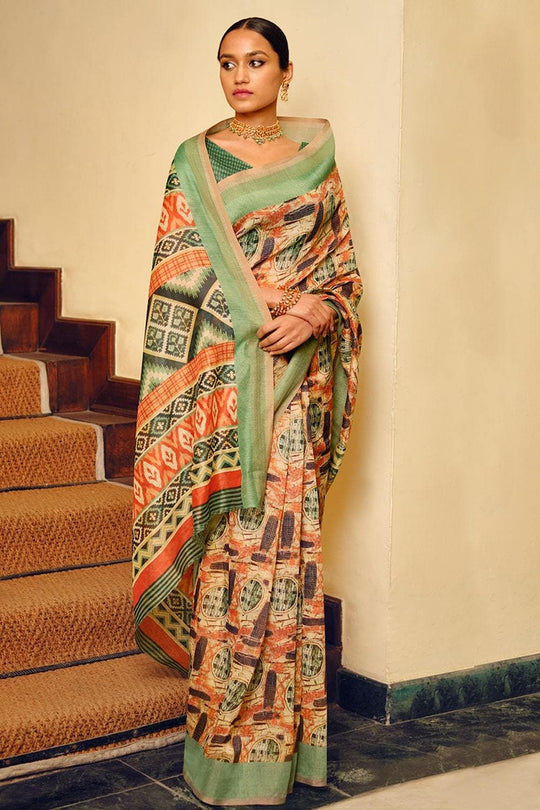 Beige And Orange Multicolour Printed Cotton Saree