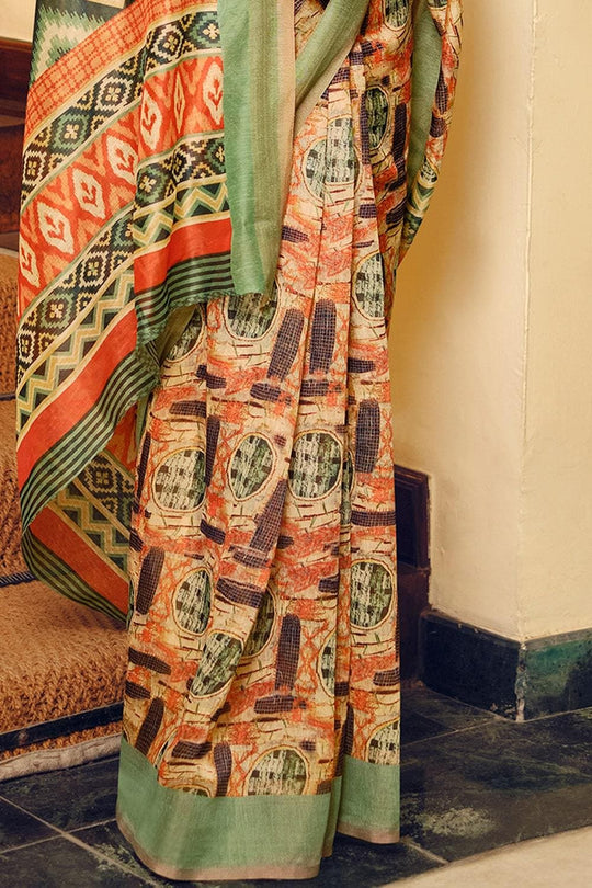 Beige And Orange Multicolour Printed Cotton Saree