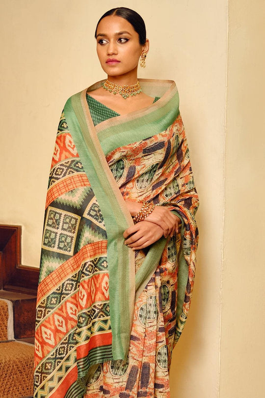 Beige And Orange Multicolour Printed Cotton Saree