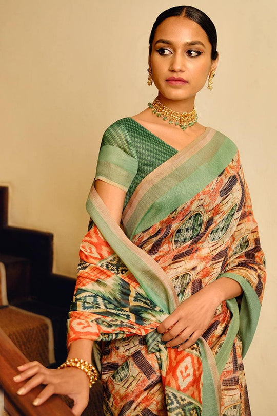 Beige And Orange Multicolour Printed Cotton Saree