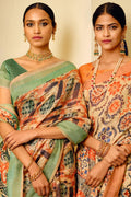 Beige And Orange Multicolour Printed Cotton Saree