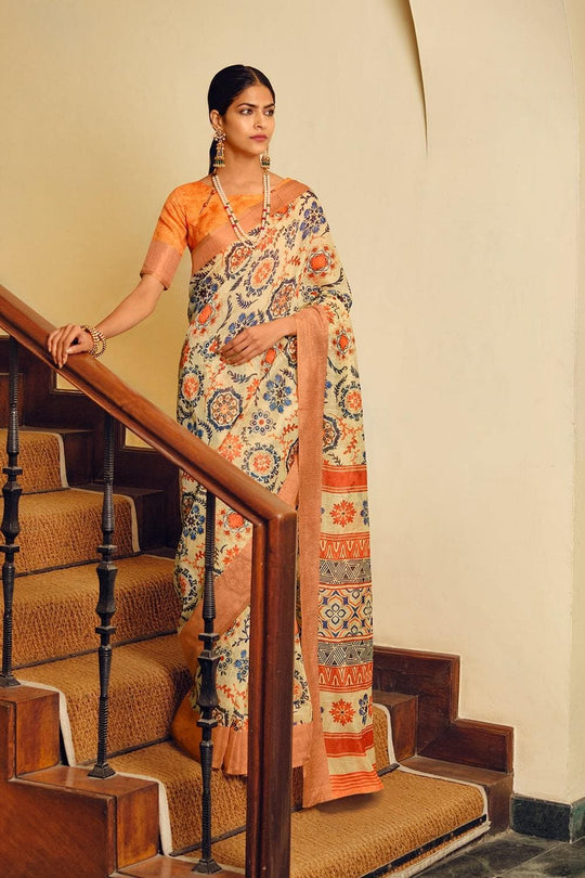 Beige Multicolour Printed Cotton Saree