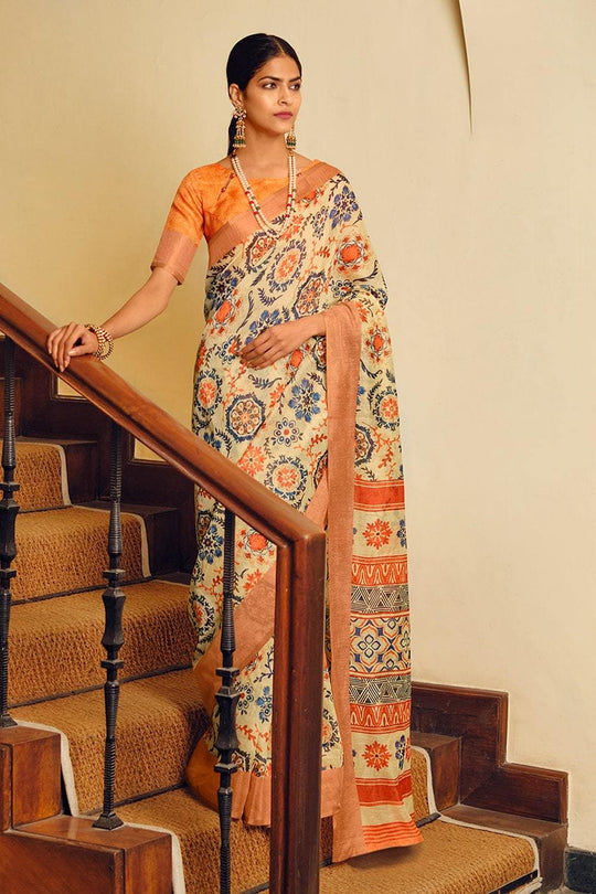 Beige Multicolour Printed Cotton Saree