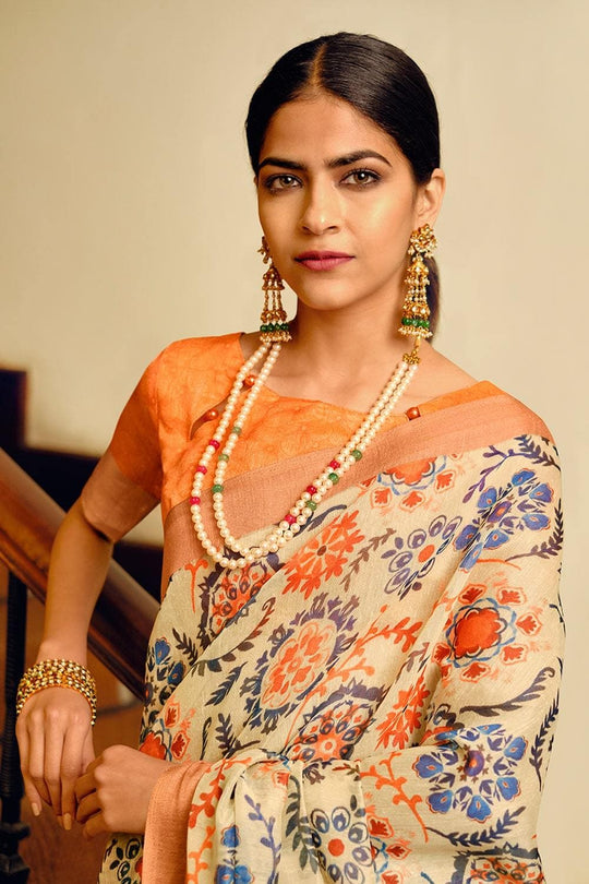 Beige Multicolour Printed Cotton Saree