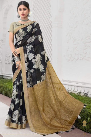 Black Printed Cotton Saree