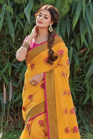 Bush Yellow Floral Zari Cotton Saree