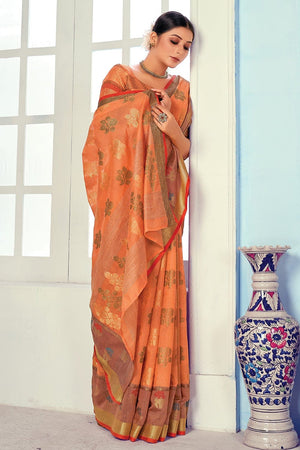 Cantaloupe Orange Cotton Saree