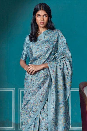 Carolina Blue Cotton Saree With Lucknowi Prints