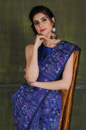 Cerulean Blue Madhubani Printed Cotton Saree