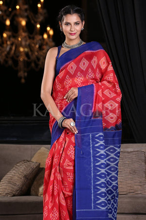 Cherry Red Cotton Saree