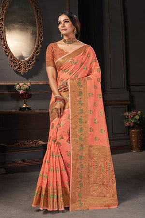 Coral Peach Cotton Saree