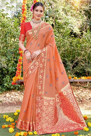 Coral Peach Cotton Saree