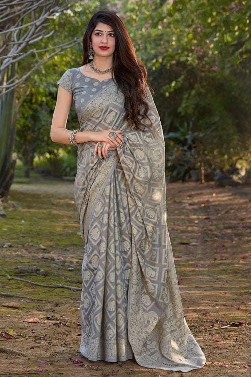 Light Grey Silver Party Wear Per-Pleated Frill Saree - Sarees Designer  Collection