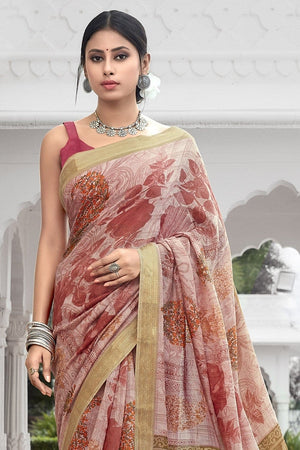 Creme Pink Printed Cotton Saree