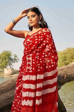Crimson Red Printed Cotton Saree