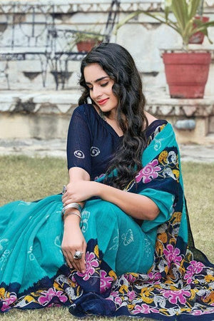 Cyan Blue Cotton Saree