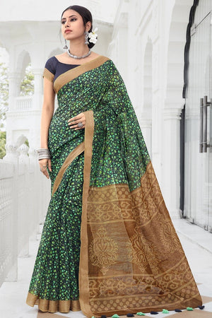 Dark Green Printed Cotton Saree