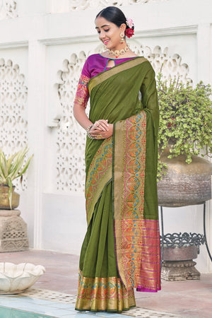 Fern Green Cotton Saree
