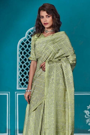 Fern Green Cotton Saree With Lucknowi Prints