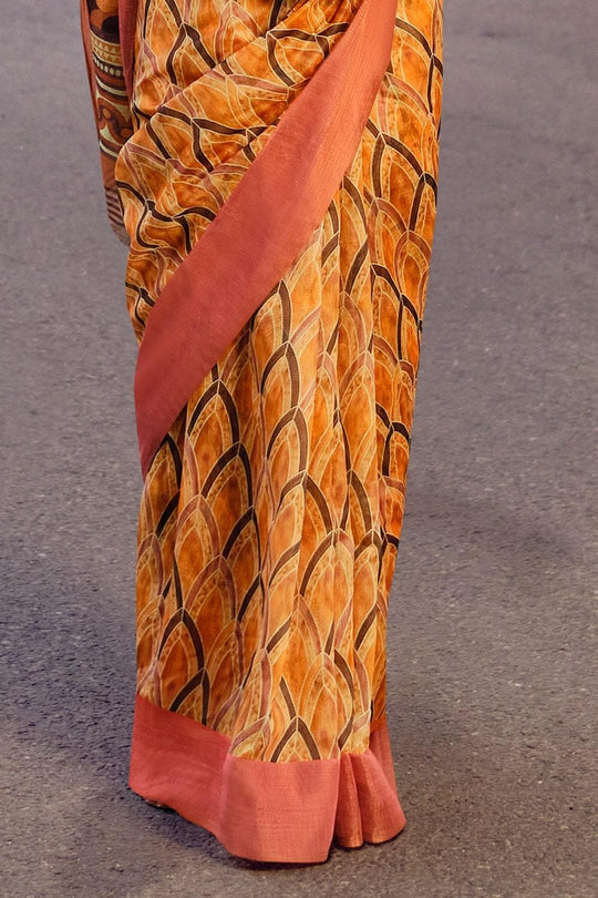 Fire Yellow Multicolour Printed Cotton Saree