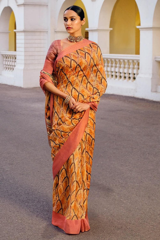 Fire Yellow Multicolour Printed Cotton Saree