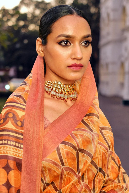 Fire Yellow Multicolour Printed Cotton Saree