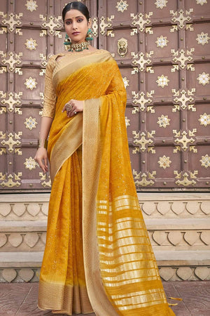 Fire Yellow Printed Cotton Saree