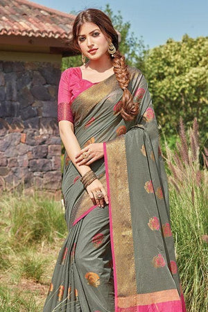 Friar Grey Floral Zari Cotton Saree