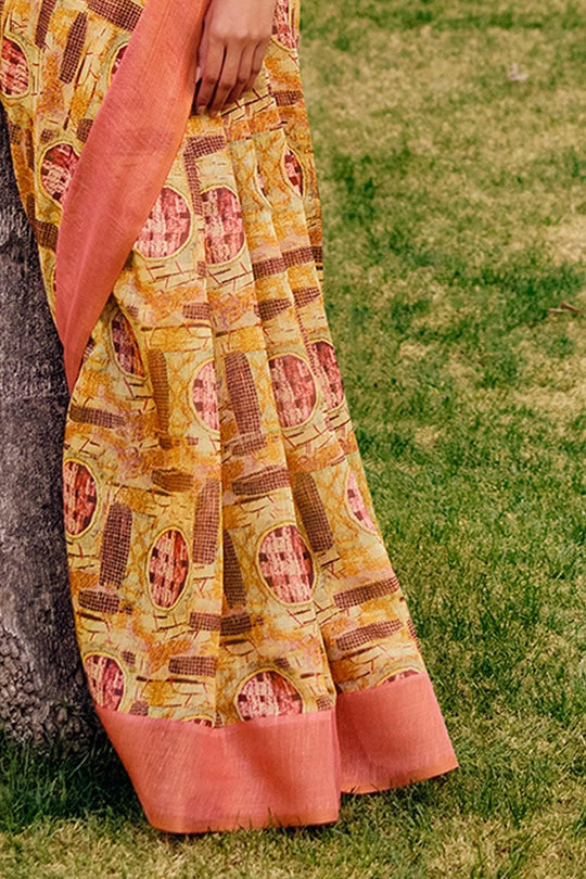 Honey Yellow Multicolour Printed Cotton Saree