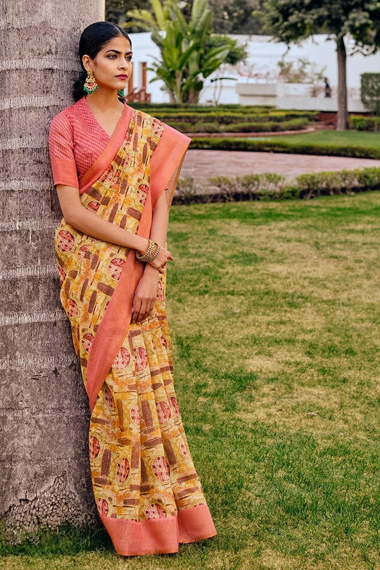 Honey Yellow Multicolour Printed Cotton Saree
