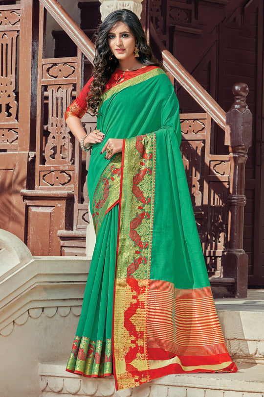 green cotton saree