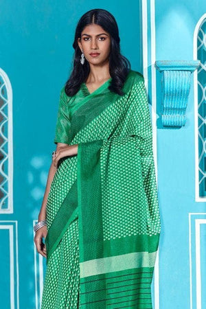 Jade Green Cotton Saree With Lucknowi Prints