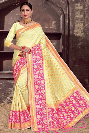 Lemon Yellow With Pink Border Brasso Saree