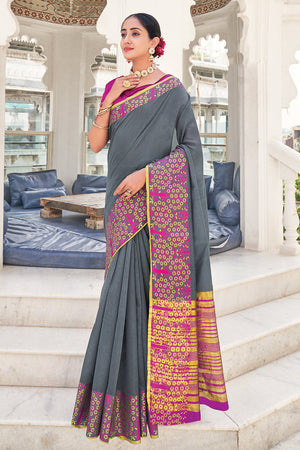Metal Grey Cotton Saree