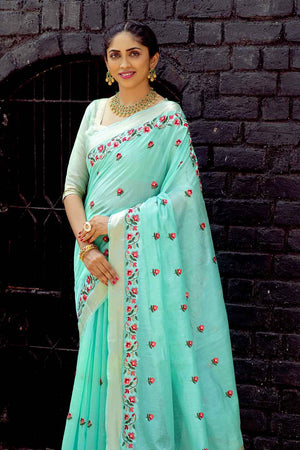 Mint Green Cotton Linen Blend Saree
