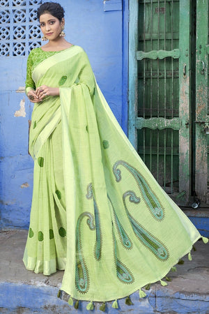 Mint Green Printed Cotton Saree