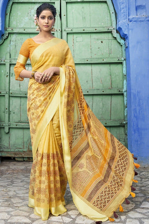 Mustard Yellow Printed Cotton Saree