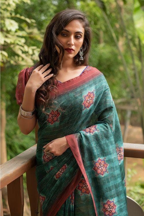 Ocean Blue Cotton Silk Saree