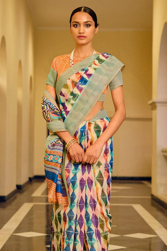 Off White And Blue Multicolour Printed Cotton Saree