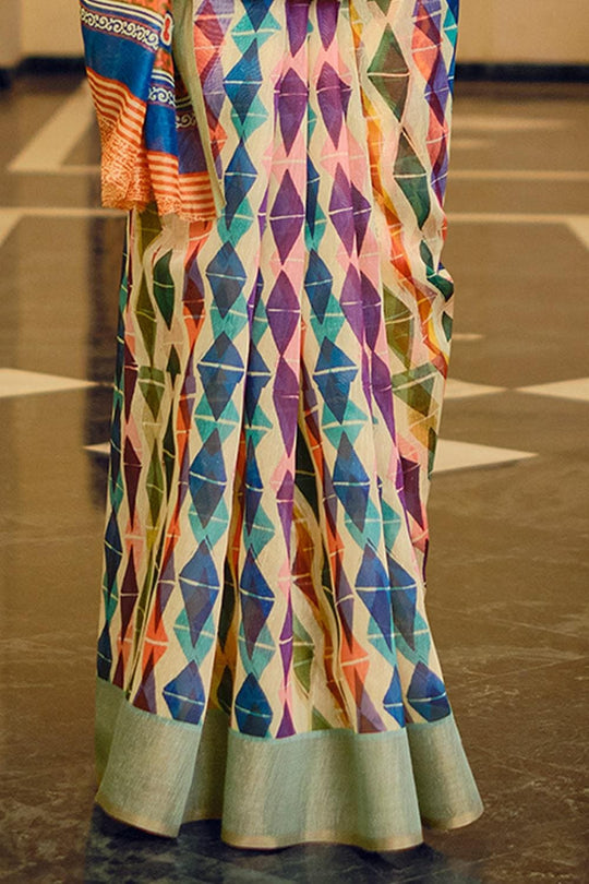 Off White And Blue Multicolour Printed Cotton Saree