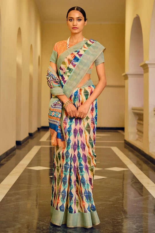 Off White And Blue Multicolour Printed Cotton Saree