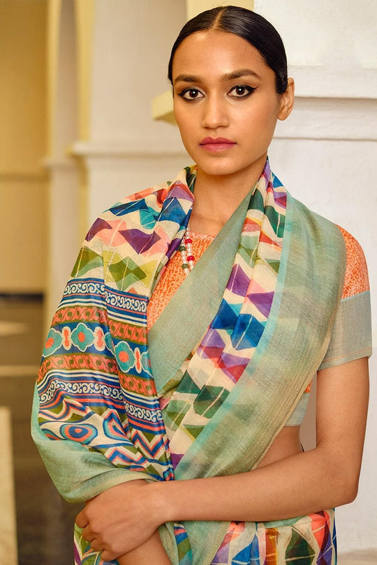 Off White And Blue Multicolour Printed Cotton Saree