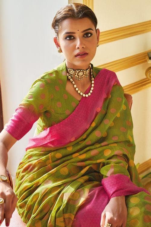 Olive Green Brasso Cotton Saree