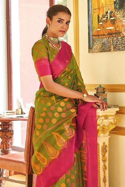 Olive Green Brasso Cotton Saree